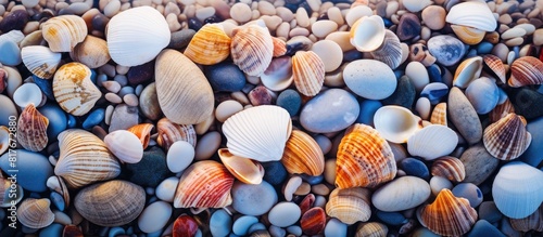 Copy space image of shells scattered on a rocky beach