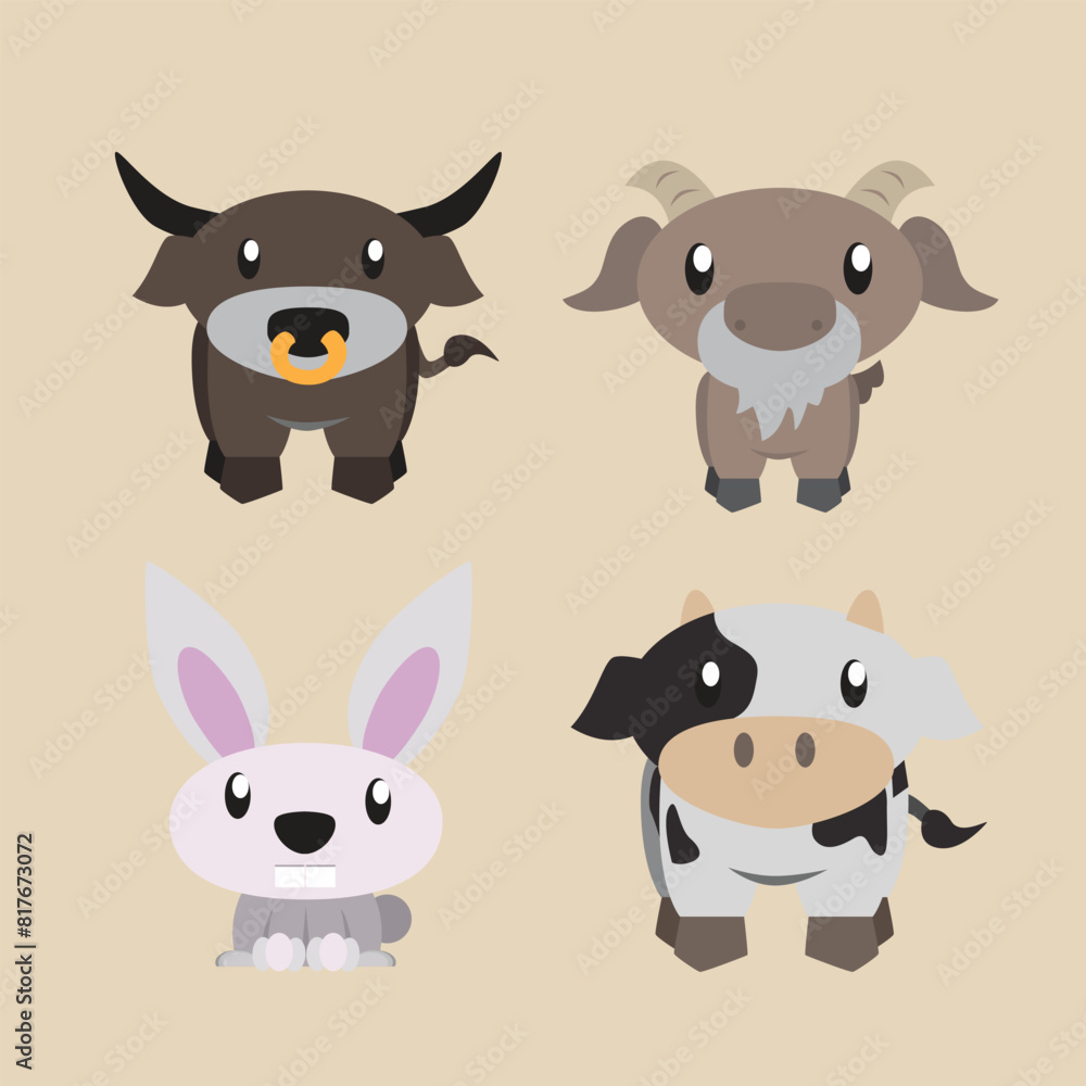 Cute illustrations of buffalo, goat, rabbit, and cow farm animals