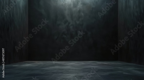 The image is a dark, empty room with a spotlight shining down from the ceiling photo