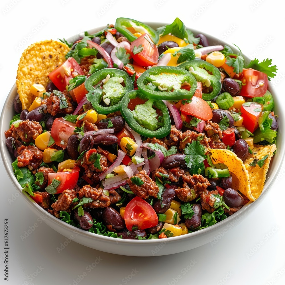 Mexican Taco salad with it's ingredients, isolated on a white background