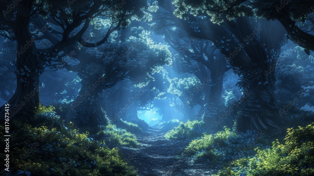 The image is a digital painting of a forest path