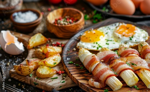 Bacon wrapped white asparagus with potatoes and eggs on wooden table