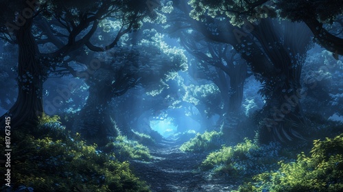 The image is a digital painting of a forest path