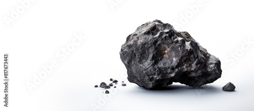 An isolated white background provides ample space for copy with a black round shaped asteroid made of dark stone