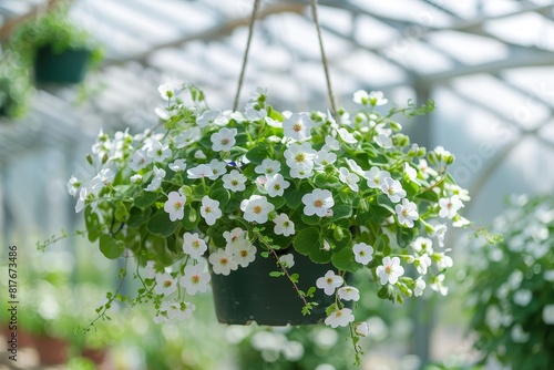 Bacopa Sutera cordata thrives in hanging baskets in spring greenhouse photo