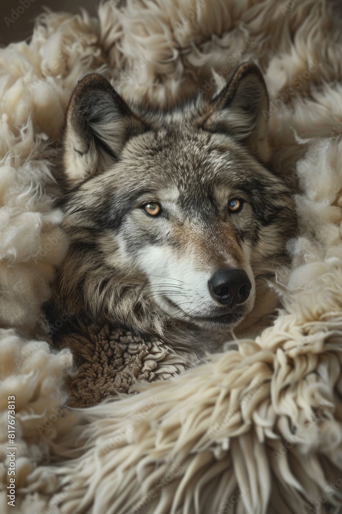 Close up of a wolf laying on a blanket, suitable for animal lovers and nature enthusiasts Close up of a wolf laying on a blanket, suitable for animal lovers and nature enthusiasts