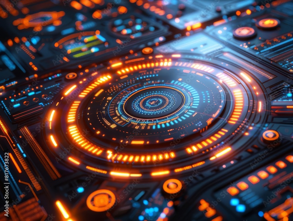 Advanced digital interface with glowing circular elements, perfect for visualizing futuristic technology and cybersecurity solutions Advanced digital interface with glowing circular elements, perfect for visualizing futuristic technology and cybersecurity solutions