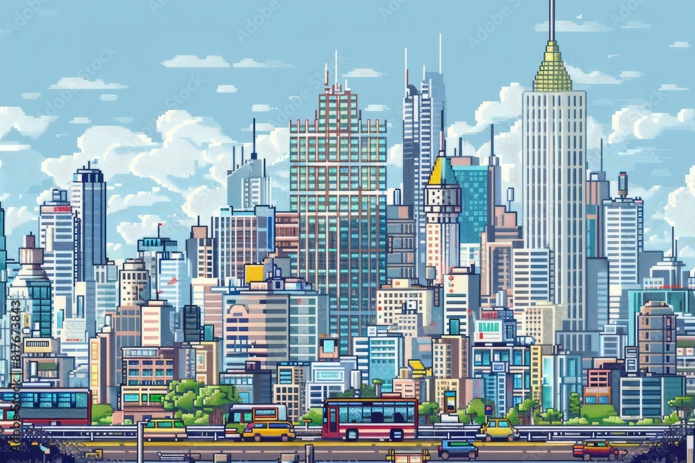 Cartoon cute doodles of a pixel art-style city skyline with skyscrapers, traffic, and bustling streets, Generative AI
