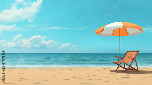 Clipart of a beach chair with a builtin cup holder  placed on sandy beach under a sun umbrella