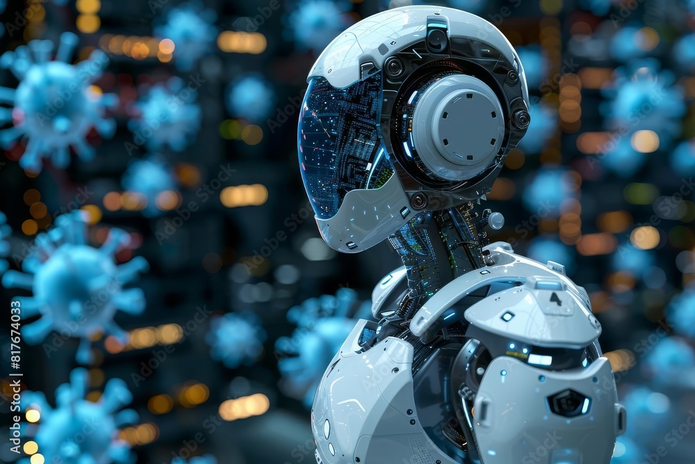 Advanced robotic entity engaged in realtime data processing against a backdrop of digital viruses, ideal for cybersecurity and AI defense systems Advanced robotic entity engaged in realtime data processing against a backdrop of digital viruses, ideal for cybersecurity and AI defense systems