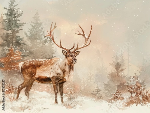 A majestic and charming reindeer with large antlers  standing in a snowy forest under a soft twilight sky  with a dusting of snow on the trees Watercolor  Muted colors  Gentle gradients