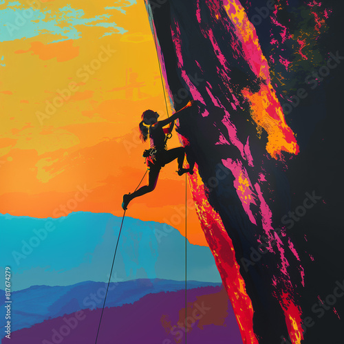 grimpeuse, femme qui escalade une montagne en devers, photo à contre jour, pop art, coloré