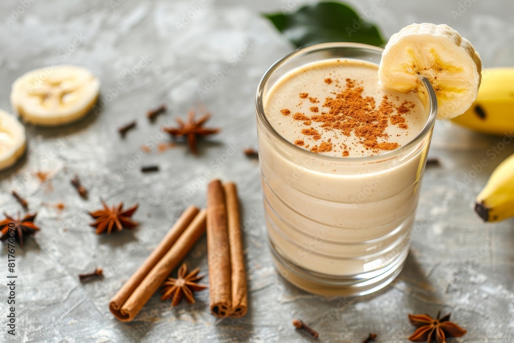 Banana smoothie with cinnamon served on a light surface Banana smoothie with cinnamon served on a light surface