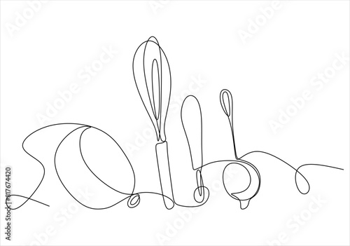 Horizontal cooking template. Background with dishes. Continuous drawing of lines. Vector illustration. Without artificial intelligence