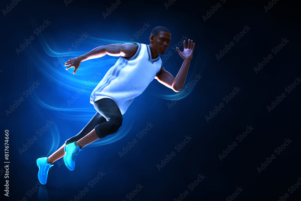 Young man runner sprinting on dark blue smoke background, 3d illustration