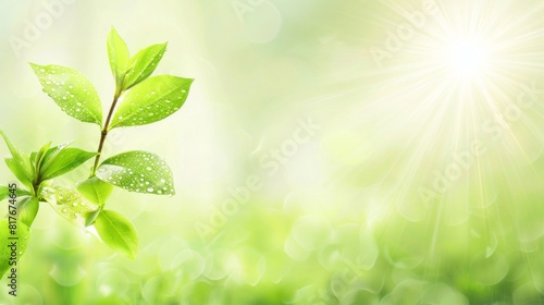 Abstract graphic composition energized by sunlight streaming through dewspeckled green leaves on a bokeh background