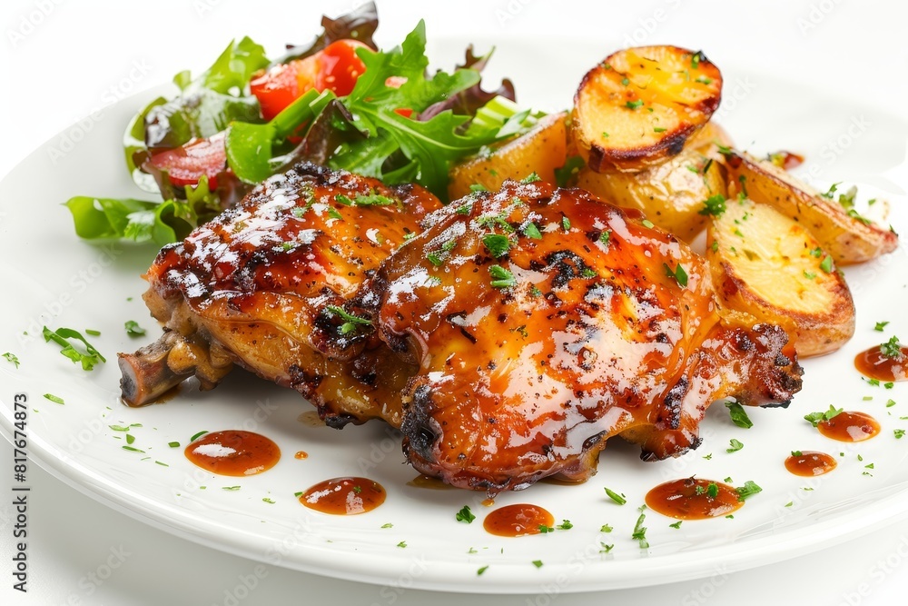 BBQ chicken thigh with scalloped potatoes and greens Ideal for restaurants and food advertising on white background