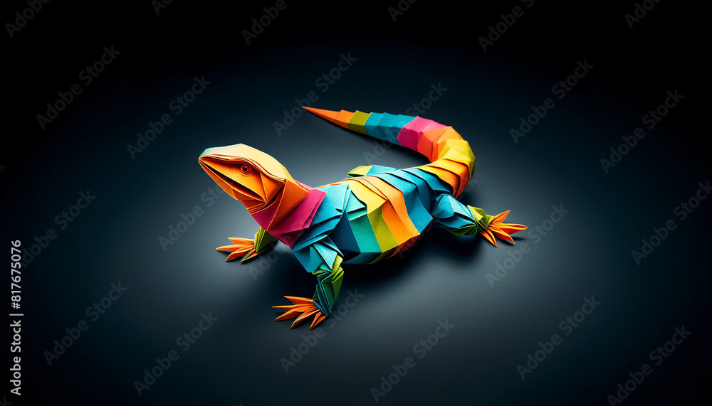 Obraz premium Vibrant Origami Lizard: Colorful Paper Sculpture with Intricate Details on Dark Background