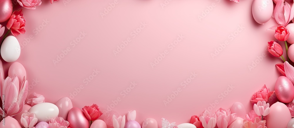 A pink background with a frame composed of Easter eggs tulips and paper rabbits providing a copy space image