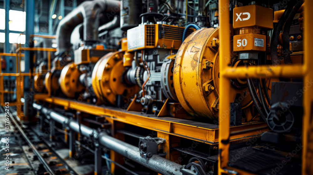 Close-up of industrial machinery in a diesel generator station, highlighting the robust and detailed components of power generation equipment in a modern facility. Close-up of industrial machinery in a diesel generator station, highlighting the robust and detailed components of power generation equipment in a modern facility.