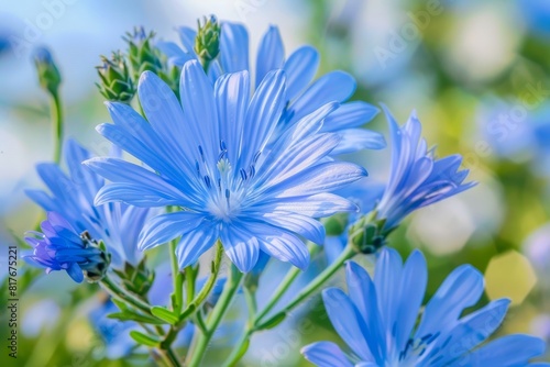 Beautiful blue flowers of common chicory known as Cichorium intybus are used as a coffee substitute photo