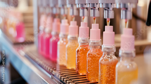 Close-up view of a cosmetics production line with rows of pink and orange bottles being filled by automated machinery, highlighting industrial manufacturing details.