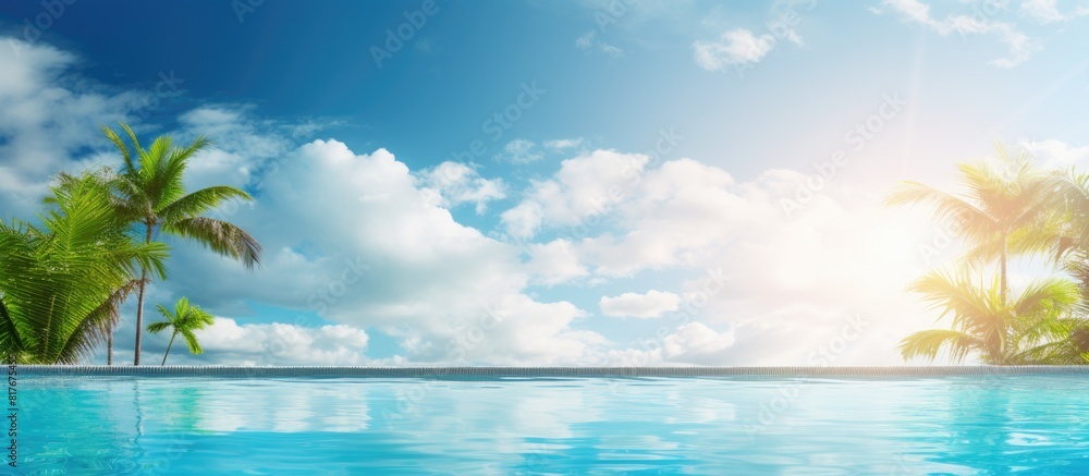 Obraz premium A tropical summer background with a resort swimming pool perfect for a pool party featuring a beautiful morning sky Copy space image