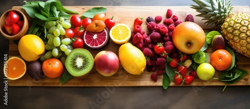 Copy space image of a nutritious diet fresh fruit displayed on a kitchen chopping board photo