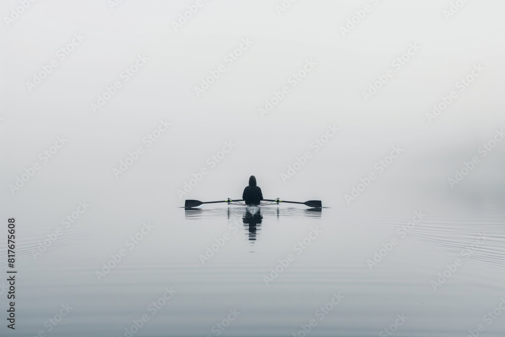 Fototapeta premium Minimalist depiction of a lone rower on a tranquil misty lake, capturing the essence of peace and solitude