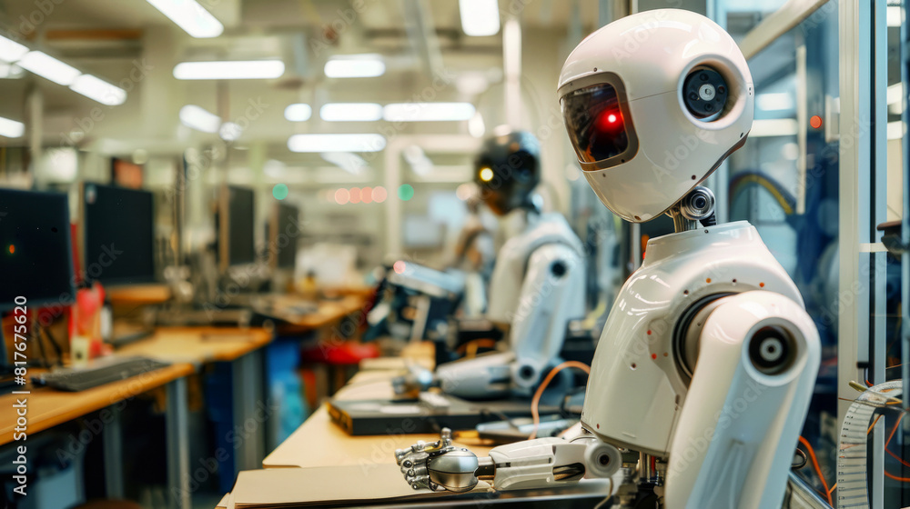 Humanoid robot in a high-tech laboratory, illustrating AI research and cutting-edge robotics technology. Humanoid robot in a high-tech laboratory, illustrating AI research and cutting-edge robotics technology.