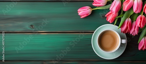 A flat lay of a green cup of coffee with a pink tulip on a wooden background provides a captivating copy space image #817675825