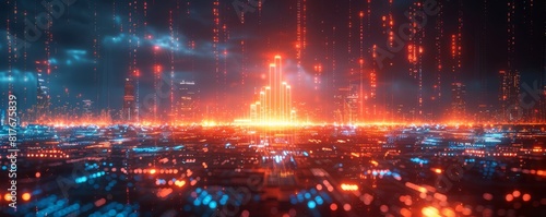 Futuristic digital cityscape with vibrant orange and blue lights