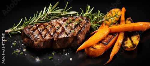 Grilled chuck steak and rosemary garnished carrots captured in a copy space image photo