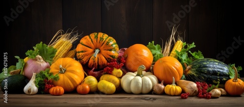 A copy space image of autumn vegetables including fresh pumpkin on a dark wooden background viewed from the top