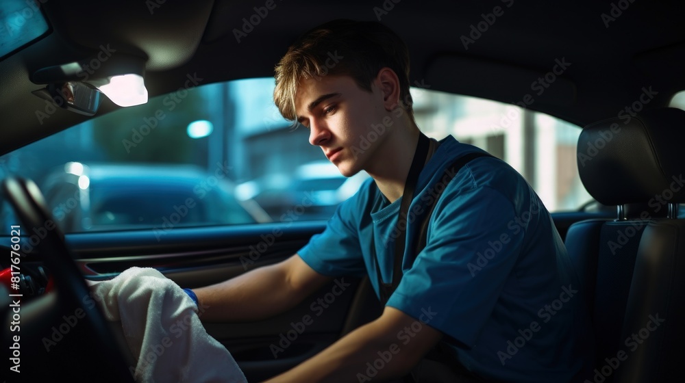 Young Automotive Technician Thoroughly Cleaning and Maintaining Vehicle Interior. Young Automotive Technician Thoroughly Cleaning and Maintaining Vehicle Interior.