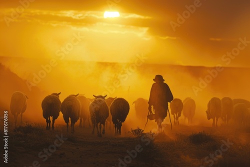 A man is seen herding a flock of sheep at sunset. Suitable for agriculture or nature themes