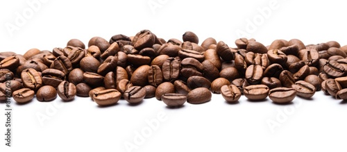 Copy space image of coffee beans on a white background perfect for adding text