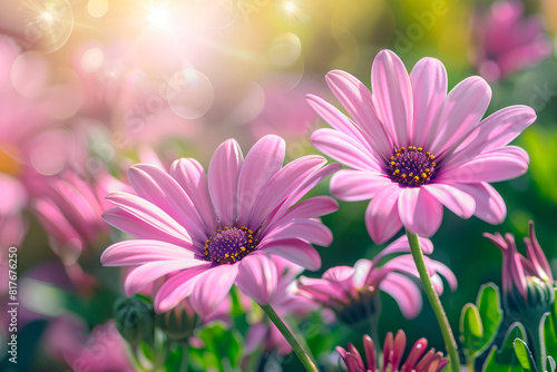 Two pink daisies in a field of pink flowers on sunny summer day.