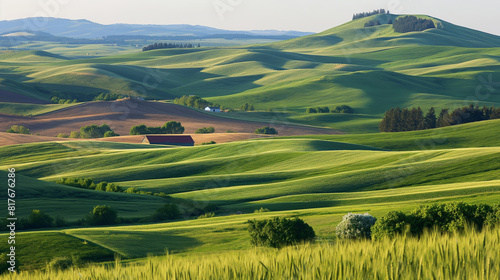 Scenic landscape of lush green rolling hills and farmland under a soft light
