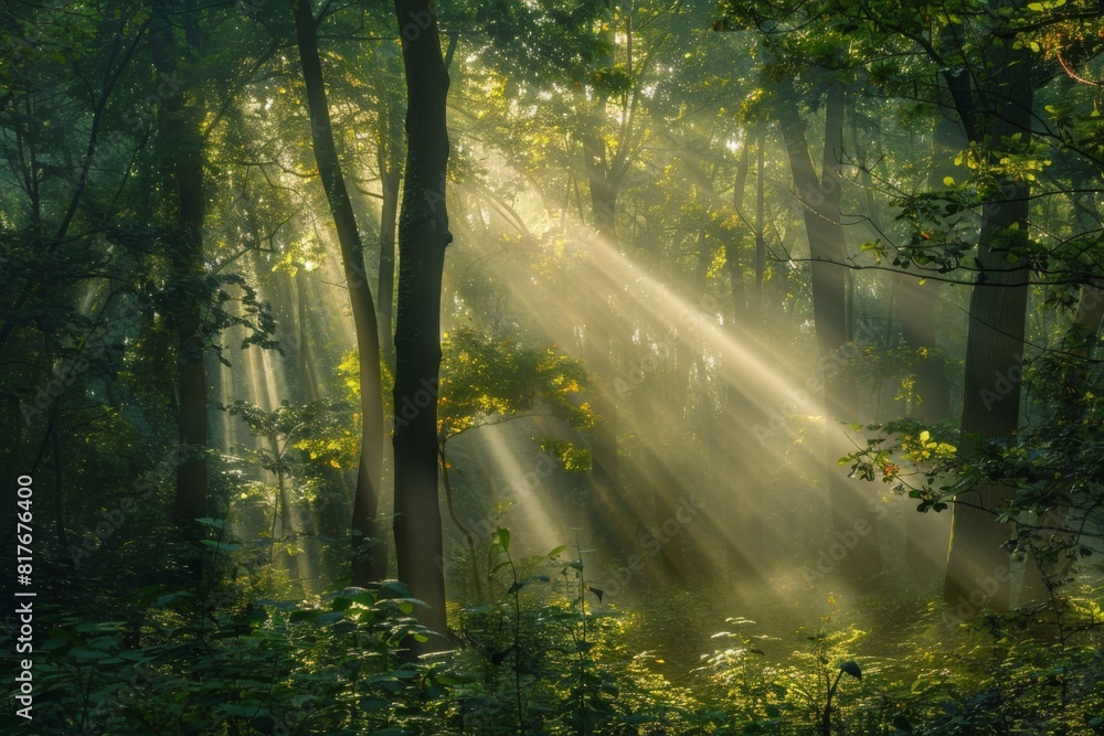 Obraz premium Sunbeams Filtering Through Forest Trees