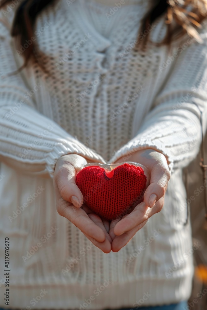 A woman holding a red knitted heart. Suitable for Valentine's Day themes A woman holding a red knitted heart. Suitable for Valentine's Day themes