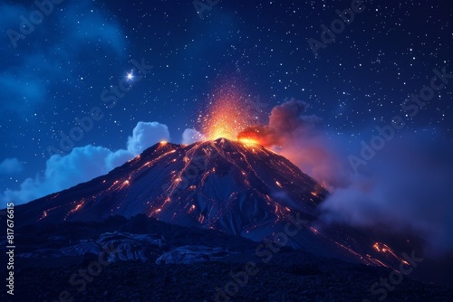 Volcano Erupting Under Starry Night Sky photo