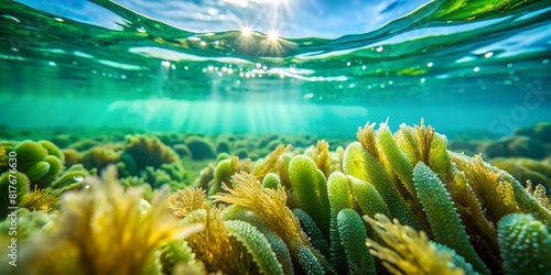 scene with reef Both algae  in the sea and ocean green macro  ocean sea  summer season background