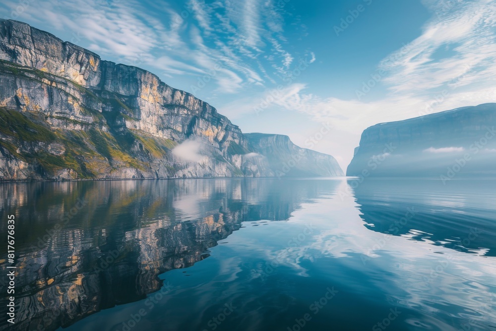 Fototapeta premium Calm Fjord Reflecting Majestic Cliffs and Sky