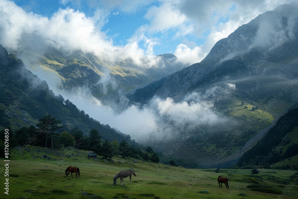 Mountain Valley with Grazing Horses and Zebra