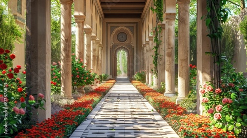 Enchanting Islamic Inspired Floral Garden Pathway with Ornate Arched Walkway and Lush Greenery