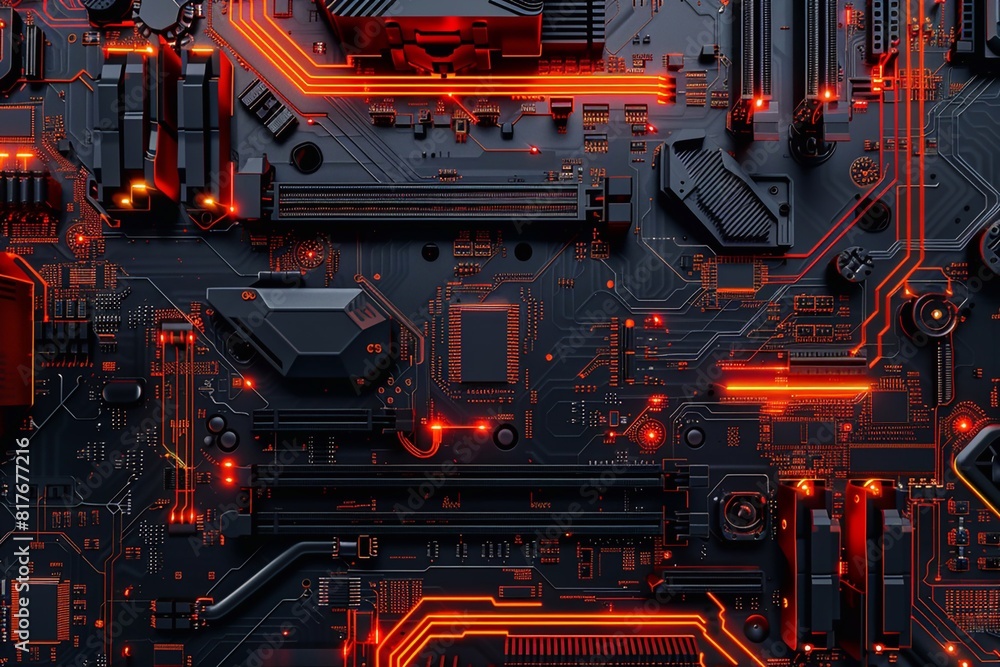 Fototapeta premium 3D rendering of abstract computer circuit motherboard, for educational purposes, digital wallpapers, or tech project.