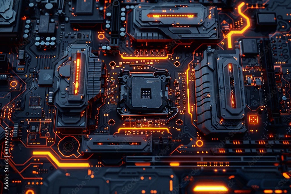 Fototapeta premium 3D rendering of abstract computer circuit motherboard, for educational purposes, digital wallpapers, or tech project.