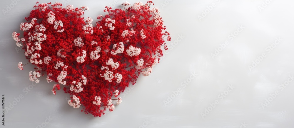 A heart shaped arrangement of red gypsophila is displayed on a whiteboard background creating a copy space image A heart shaped arrangement of red gypsophila is displayed on a whiteboard background creating a copy space image