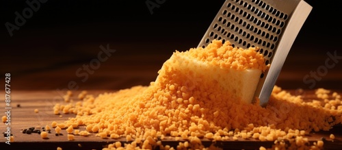 A grater scratching against a wooden spoon filled with bread crumbs Copy space image photo